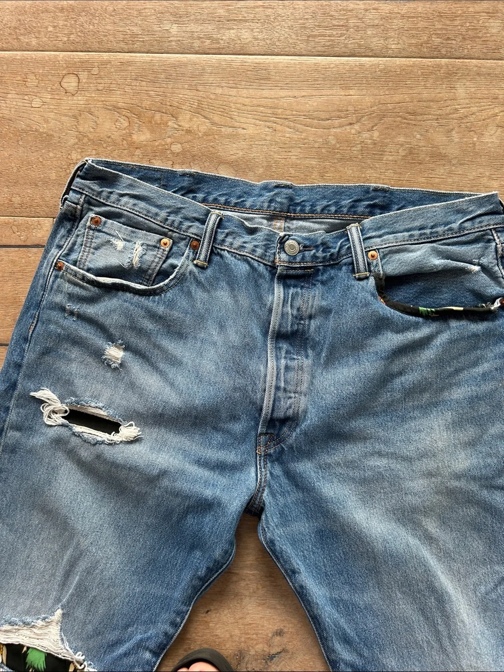 Levi’s Customized Men's 501 Straight Fit Ripped Denim Jeans - Blue